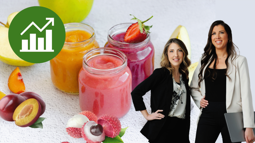 Two businesswomen standing in front of colorful fruit purées made from lychee, plum, strawberry, and peach, symbolizing the rise of natural ingredients in 2025 product launches. A growth icon highlights market momentum.