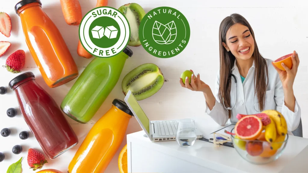 Bottles of colorful fruit juices surrounded by fresh produce like carrots, kiwi, strawberries, and oranges, with icons indicating 'Sugar Free' and 'Natural Ingredients' — representing clean label reformulation with natural fruit concentrates.