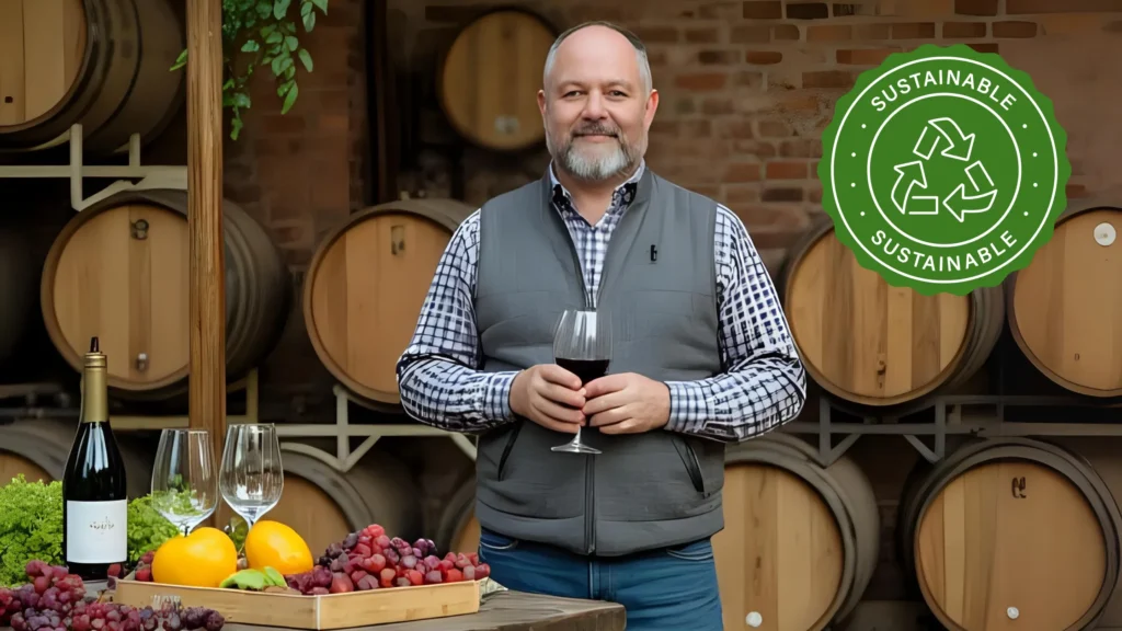 Smiling winemaker holding a glass of red wine in front of oak barrels, with a sustainable certification icon and a table of fresh grapes and wine ingredients — symbolizing eco-conscious practices in wine and condiment production